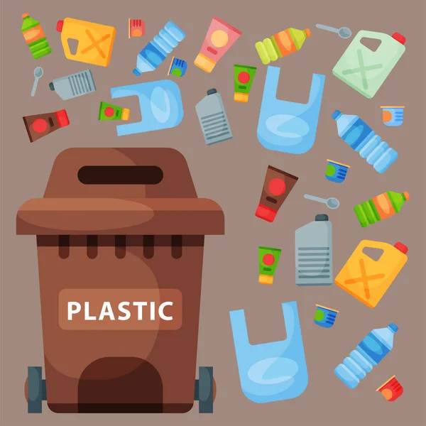 Reciclaje de basura de plástico elementos de la industria de gestión de neumáticos de basura utilizar residuos puede vector ilustración . — Vector de stock