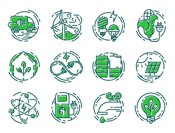 Зелена екологія енергозбереження іконки та контурний стиль екологічного світу Векторні ілюстрації . — стоковий вектор