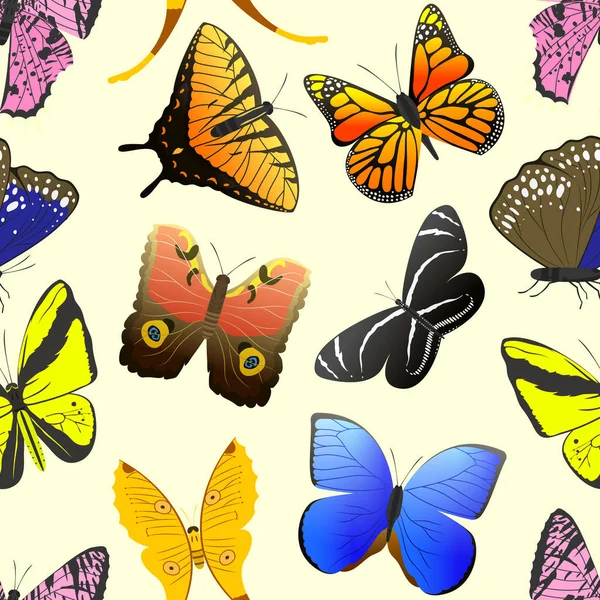 Εικονογράφηση φορέα χωρίς ραφή πρότυπο φτερά πολύχρωμα διαφορετικές πεταλούδα. — Διανυσματικό Αρχείο