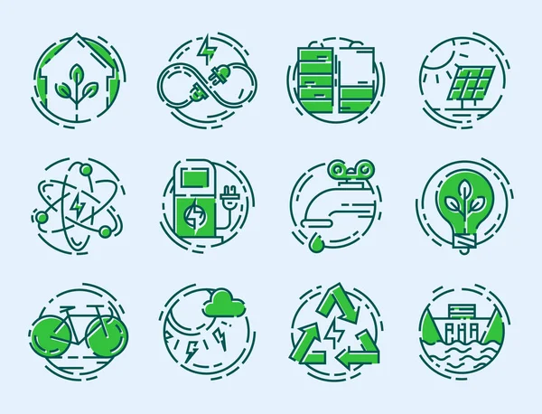 Grüne Ökologie Energiesparsymbole und Umriss Stil ökologische Welt Macht Vektor Illustration. — Stockvektor