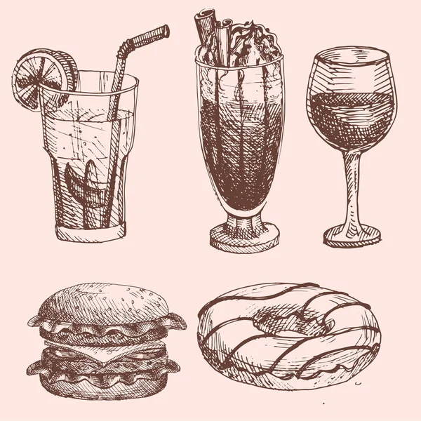 Ręcznie rysowane żywności szkic dla menu restauracji produktu i doodle posiłku kuchni wektor ilustracja. — Wektor stockowy