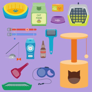 Ekipman gıda yerli kedi illüstrasyon renkli kedi Aksesuar sevimli vektör hayvan simgeler evde beslenen hayvan.