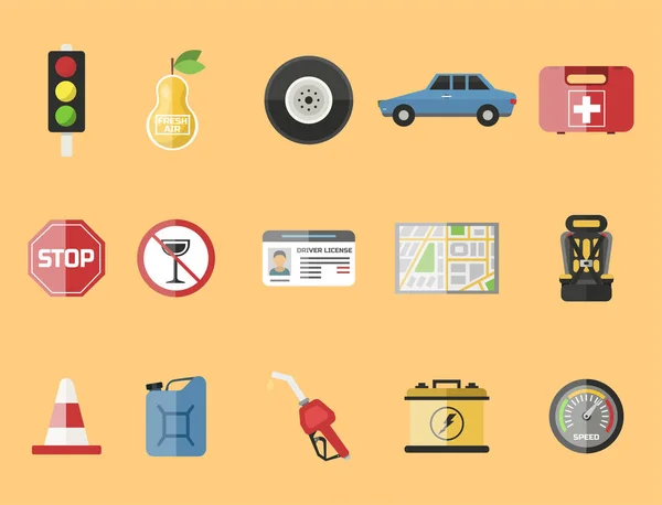 Auto transport automobilist pictogram symbool voertuig apparatuur service auto bestuurder tools vector illustratie. — Stockvector