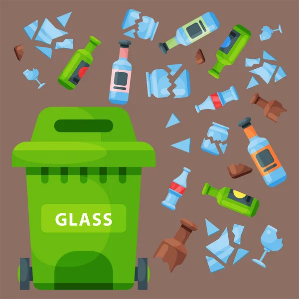 Reciclaje basura vidrio basura bolsa neumáticos gestión industria utilizar residuos puede vector ilustración . — Archivo Imágenes Vectoriales