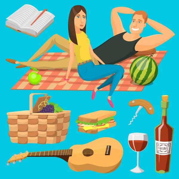 Pareja adulta en picnic barbacoa a cuadros iconos al aire libre romántico verano picnic comida vector ilustración . — Vector de stock
