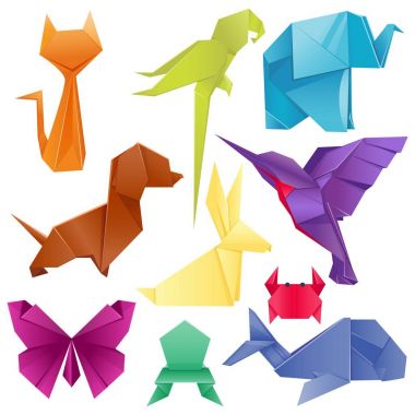Japon katlanmış modern yaban hayatı hobi sembol yaratıcı dekorasyon vektör çizim hayvanlar origami ayarla.