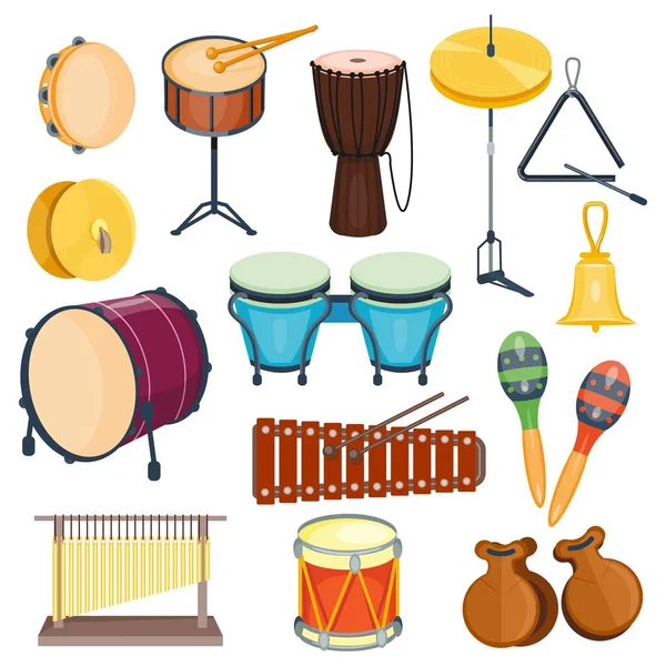 Vector percussion musical instruments flat style isolated — Stock Vector