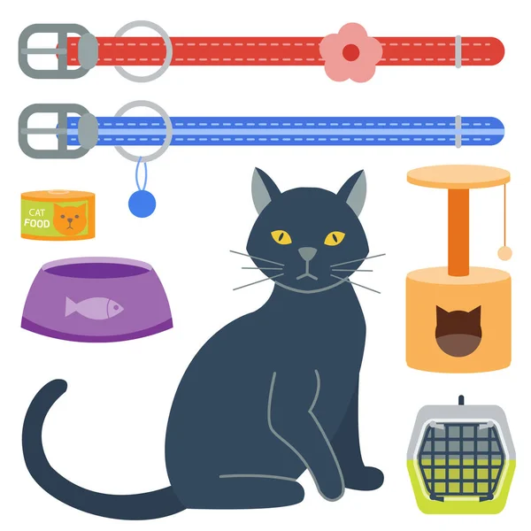 Barevné kočky příslušenství roztomilý vektor zvířecích ikony pet vybavení jídlo domácí kočičí obrázek. — Stockový vektor