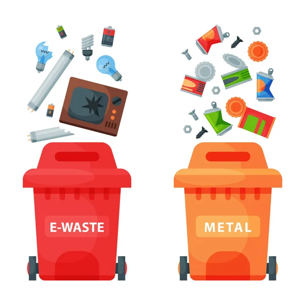 Переробка сміття елементи сміттєвих мішків промисловість управління шинами використовує відходи можуть Векторні ілюстрації . — стоковий вектор