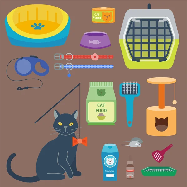 Bunt Katze Zubehör niedlich Vektor Tier Symbole Haustier Ausrüstung Nahrung Hauskatzen Illustration. — Stockvektor