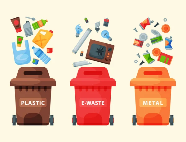 Reciclaje de elementos de basura bolsas de basura industria de gestión de neumáticos utilizar residuos puede vector ilustración . — Vector de stock