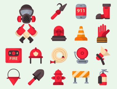 Yangın emniyet donanımları acil durum araçları itfaiye güvenli tehlike kaza koruma vektör çizim.