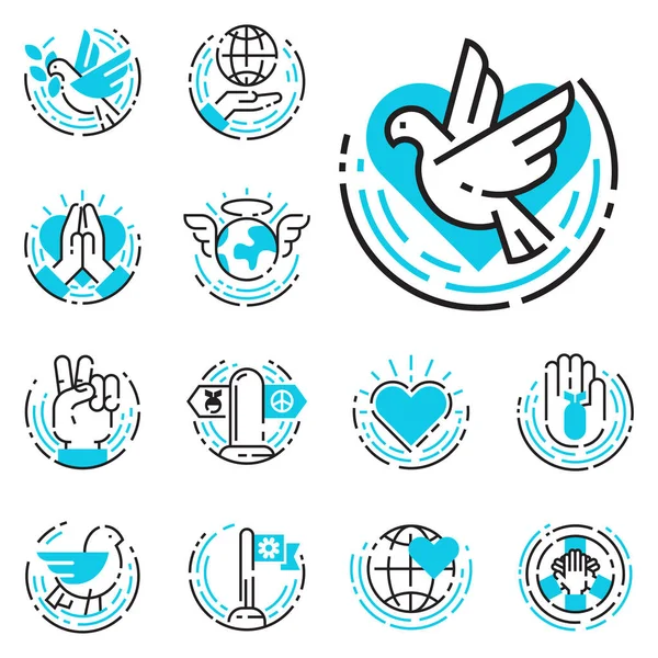 Béke szerkezeti kék ikonok szerelem világ szabadság nemzetközi ingyenes ellátás remény szimbólumok vektoros illusztráció — Stock Vector