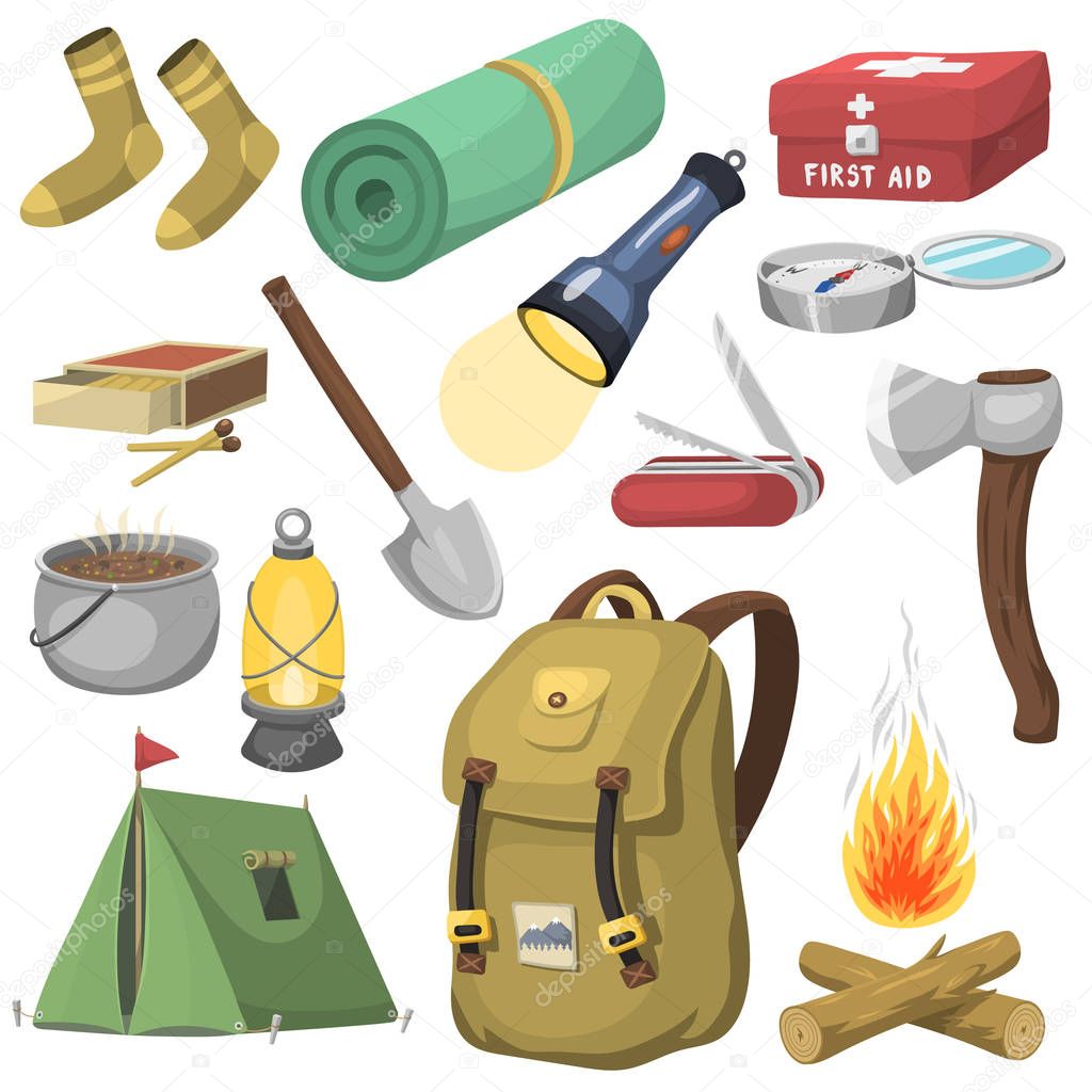 Camping outdoor travel equipment cartoon style vector icons isolated on white