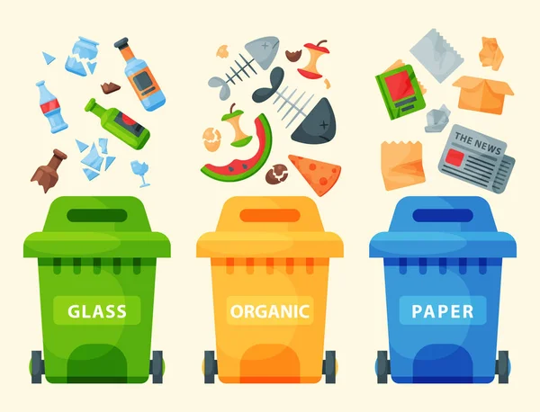 Ανακύκλωση απορριμμάτων στοιχεία σκουπίδια σακούλες ελαστικών χρησιμοποιούν βιομηχανία διαχείρισης αποβλήτων μπορεί να διανυσματικά εικονογράφηση. — Διανυσματικό Αρχείο