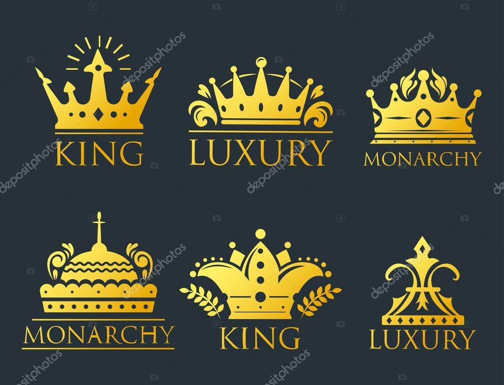 Crown king vintage premium golden yellow badge heraldic ornament icon tiara logo and luxury emblem kingdom princess baroque vector illustration. Insignia medieval antique decoration retro style.