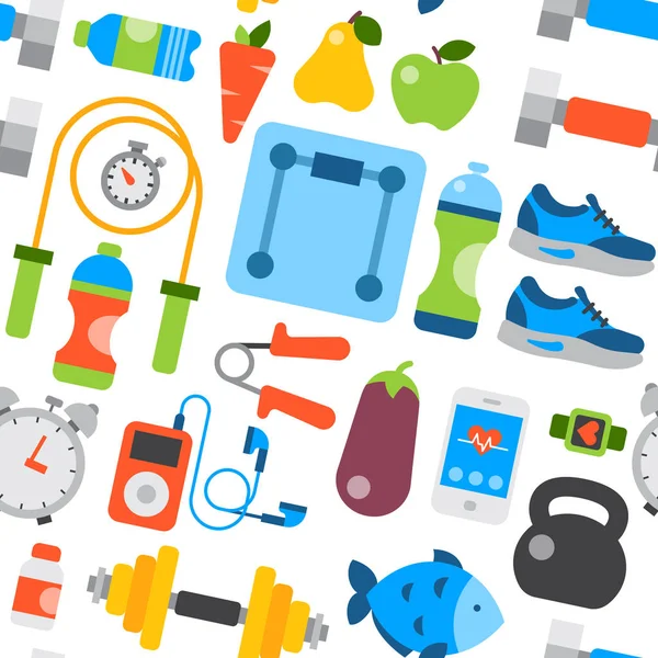 Estilo de vida saludable diario comer iconos y deporte zapatillas estilo de vida fitnes patrón sin costuras vector de fondo ilustración . — Archivo Imágenes Vectoriales