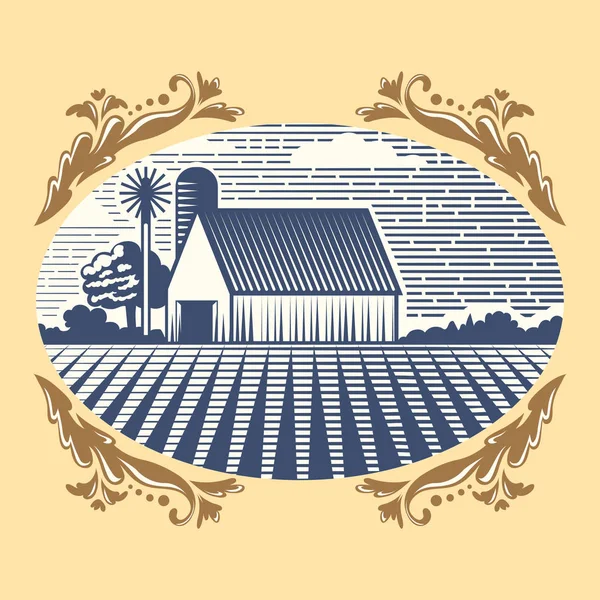 Retro paisagens vetor ilustração fazenda casa agricultura gráfico campo cênico antigo desenho . — Vetor de Stock