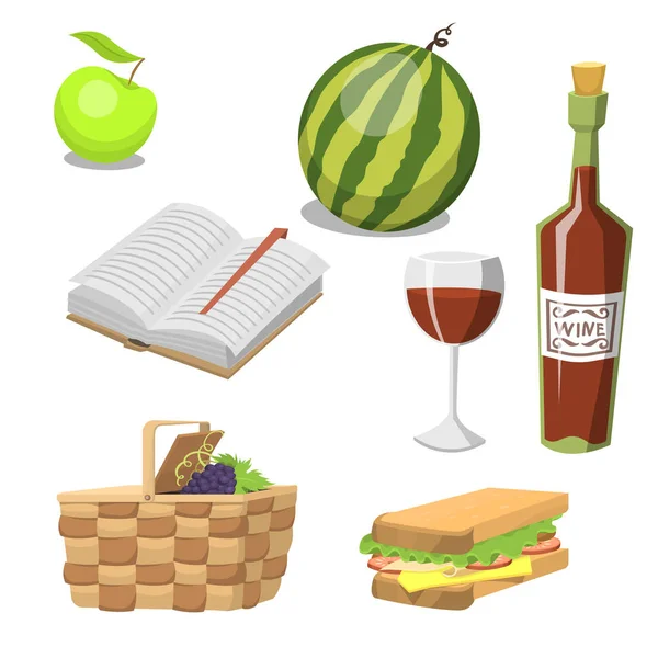 Cesta de picnic con comida relajación vacaciones contenedor almuerzo comida de verano vector ilustración — Archivo Imágenes Vectoriales