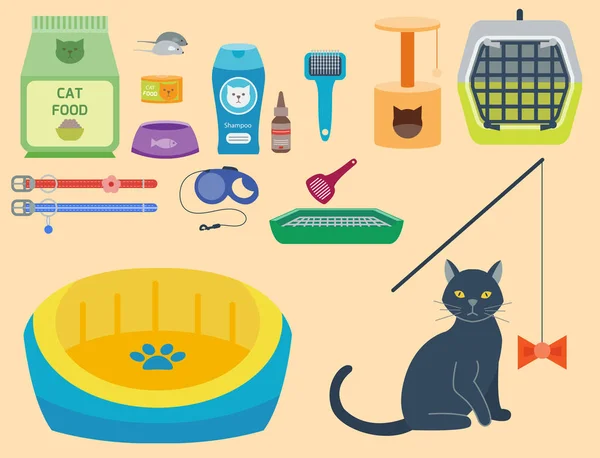 Colorido gato accesorio lindo vector animal iconos mascota equipo comida doméstico felino ilustración . — Archivo Imágenes Vectoriales