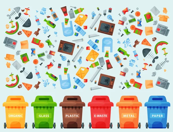 Reciclagem de elementos de lixo sacos de lixo indústria de gestão de pneus utilizar resíduos pode ilustração vetorial . — Vetor de Stock