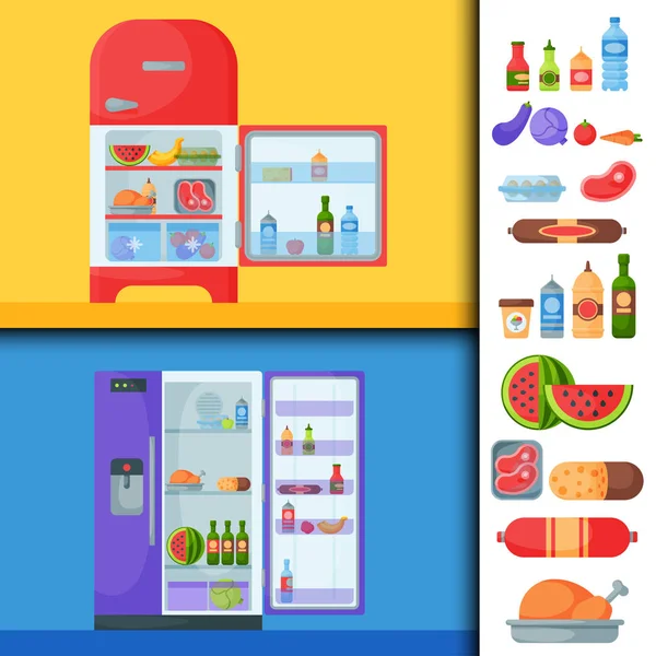 Εικονογράφηση φορέα καταψύκτη συσκευή ψυγείο οικιακά σκεύη κουζίνας βιολογικά τρόφιμα ψυγείο. — Διανυσματικό Αρχείο
