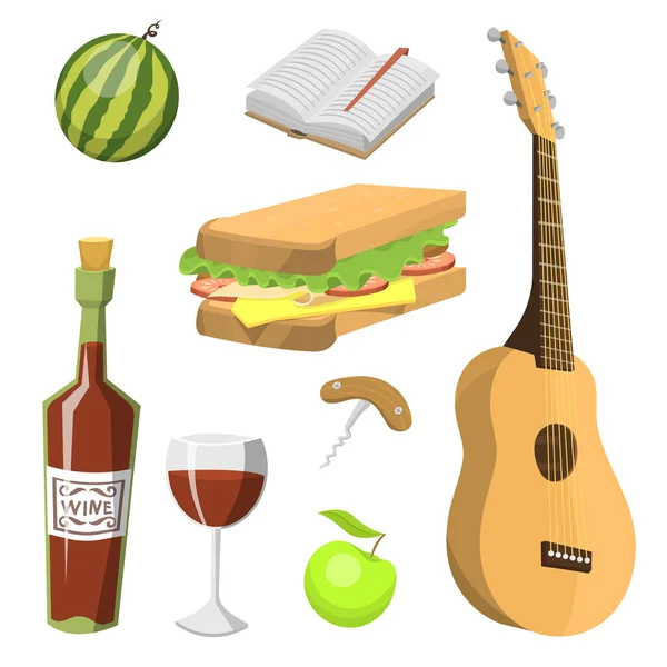 Picknickmand met voedsel ontspanning vakantie container lunch zomer maaltijd vectorillustratie — Stockvector