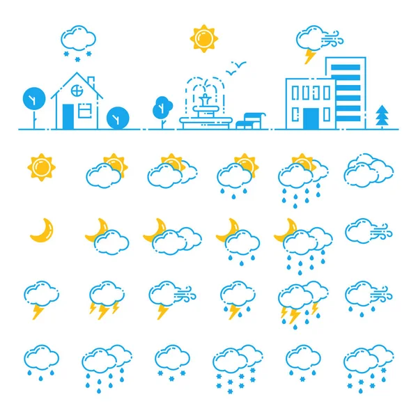 Reihe von Wettersymbolen Vektor Illustration Saison umreißen Design Donner Temperaturschild — Stockvektor