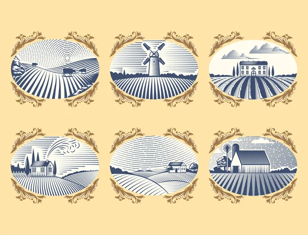 Retro paisagens vetor ilustração fazenda casa agricultura gráfico campo cênico antigo desenho . —  Vetores de Stock