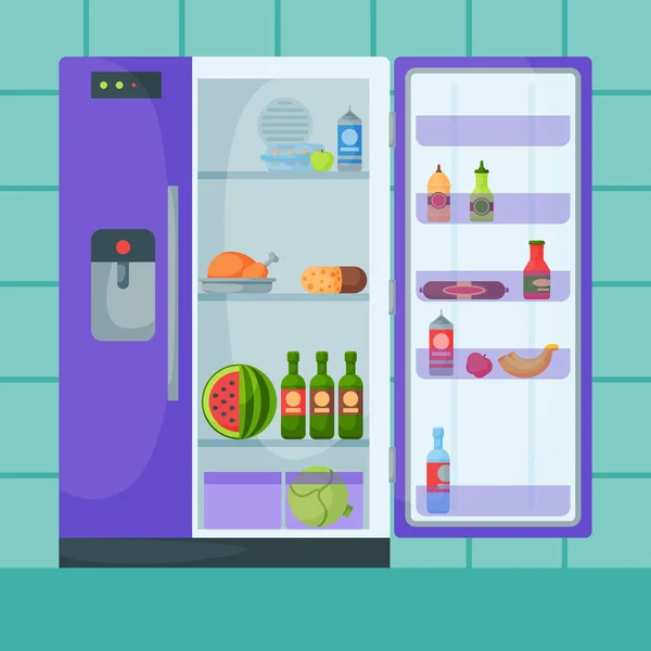 Kühlschrank Bio-Lebensmittel Haushaltsgeschirr Kühlschrank Gefriergeräte Vektor Illustration. — Stockvektor