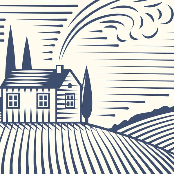 Retro krajiny vektorové ilustrace farm zemědělství grafické krajiny malebné starožitný kresby domu. — Stockový vektor