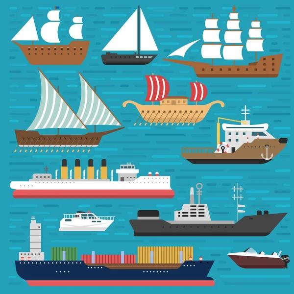 Navio cruzador barco símbolo do mar navio viagens indústria vetor veleiros cruzeiro conjunto de ícone marinho —  Vetores de Stock