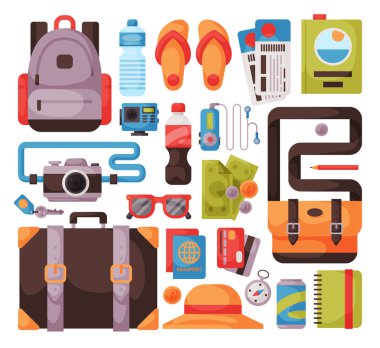 Seyahat zaman yaz tatil vektör Aksesuar düz stil ile seyahat ve Turizm kutsal kişilerin resmi.