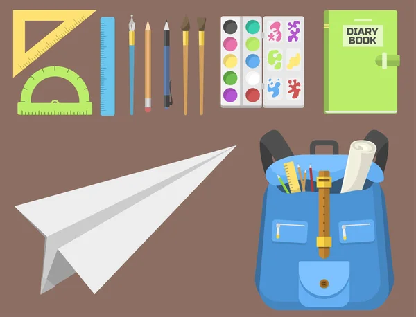 书包背包装满用品儿童文具拉链教育袋矢量图. — 图库矢量图片