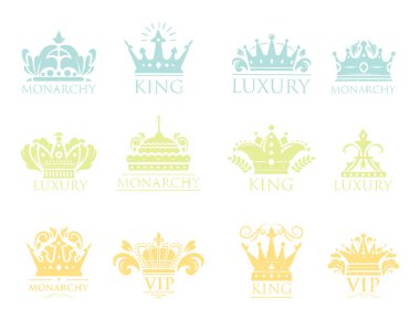 Taç Kral vintage sigorta primi altın rozet hanedan süsleme lüks kingdomsign vektör çizim.
