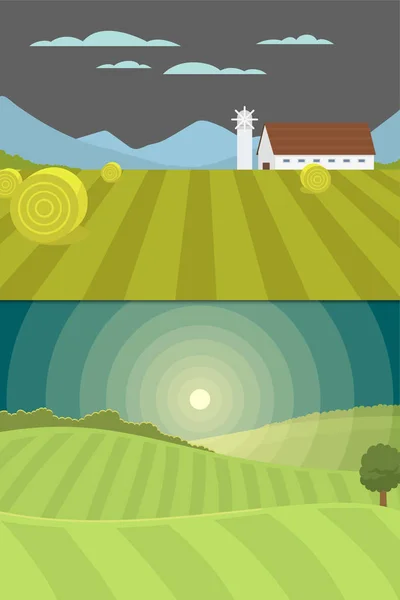 Paisagens aldeia vetor ilustração fazenda casa agricultura gráfico campo —  Vetores de Stock