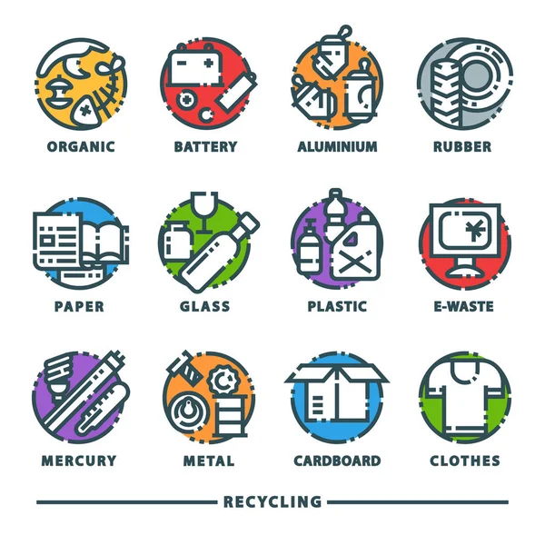 Reciclaje de elementos de basura bolsas de basura industria de gestión de neumáticos utilizar residuos puede vector iconos ilustración . — Vector de stock