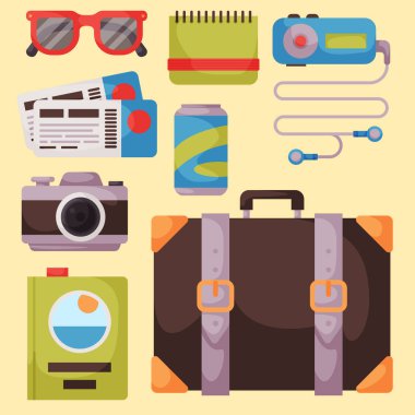 Seyahat zaman yaz tatil vektör Aksesuar düz stil ile seyahat ve Turizm kutsal kişilerin resmi.