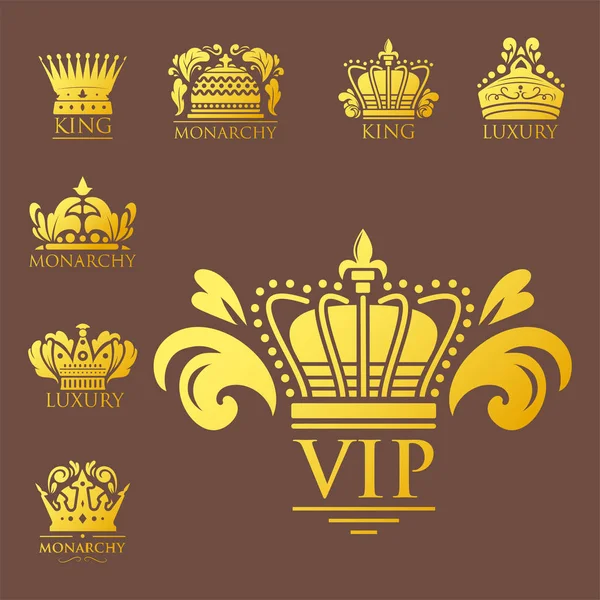 Korona király szüreti prémium jelvény arany heraldikai dísz luxus kingdomsign vektoros illusztráció. — Stock Vector