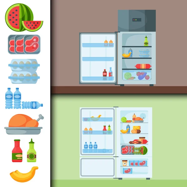 Lednice biopotravin nádobí domácí náčiní lednice spotřebiče mrazničky vektorové ilustrace. — Stockový vektor