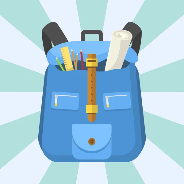 Väska ryggsäck full av levererar barn stationära dragkedja pedagogiska säck vektorillustration. — Stock vektor