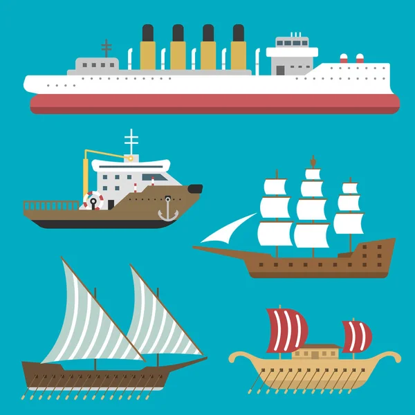 Barco barco mar símbolo barco viaje industria vector veleros crucero conjunto de icono marino — Vector de stock