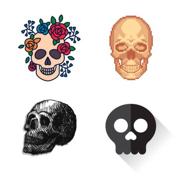 Farklı bir stil kafatasları yüzler vektör illüstrasyon halloween korku tarzı dövme anatomi sanat.