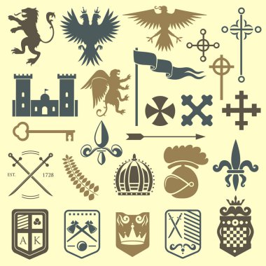 Hanedan Kraliyet arması Ortaçağ Şövalyesi öğeleri vintage Kral sembol Hanedanlık armaları kale rozet vektör çizim