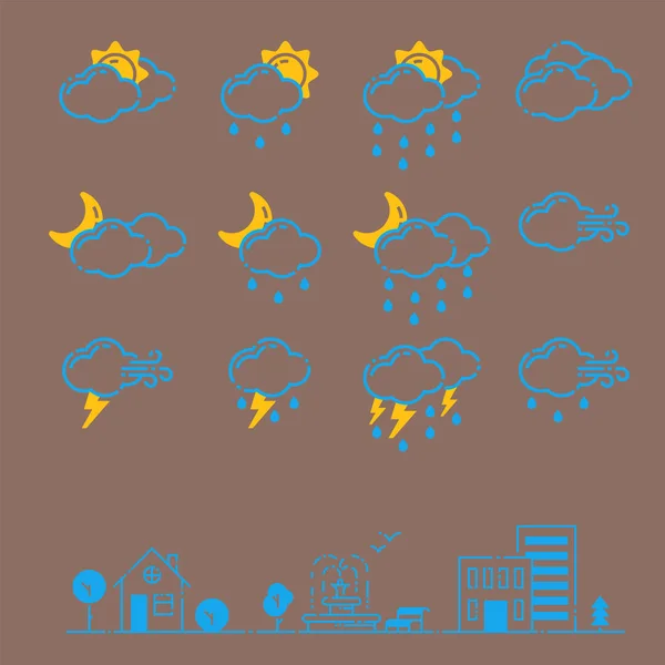 Reihe von Wettersymbolen Vektor Illustration Saison umreißen Design Donner Temperaturschild — Stockvektor