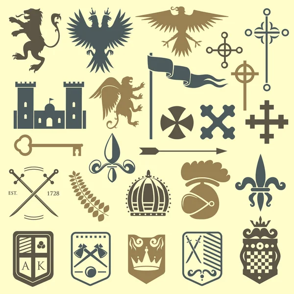 Cresta real heráldica caballero medieval elementos vintage rey símbolo heráldica castillo insignia vector ilustración — Vector de stock