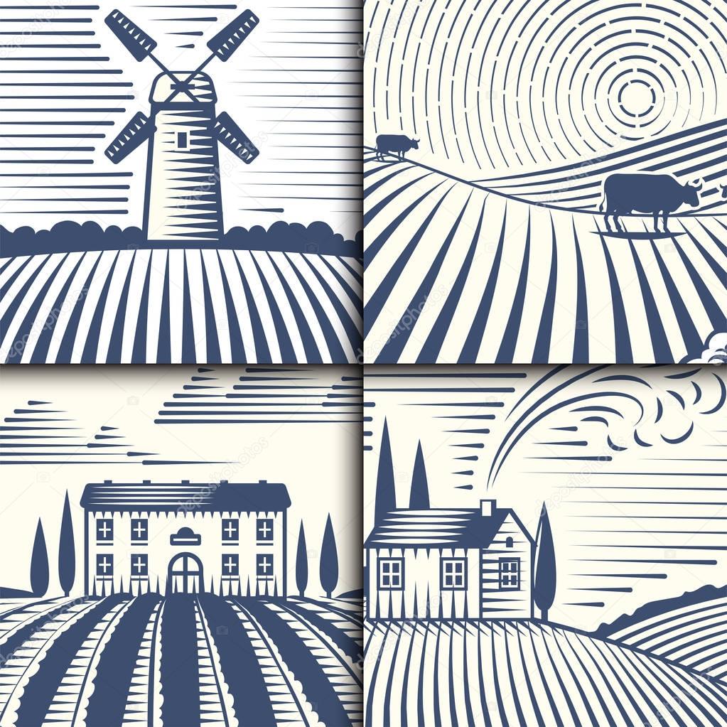 Retro landscapes vector illustration farm house agriculture graphic countryside scenic antique drawing.
