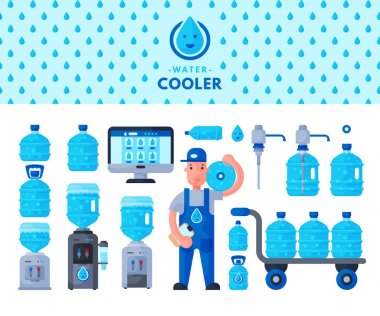 Water delivery service man character in uniform and different water bottle vector elements. clipart