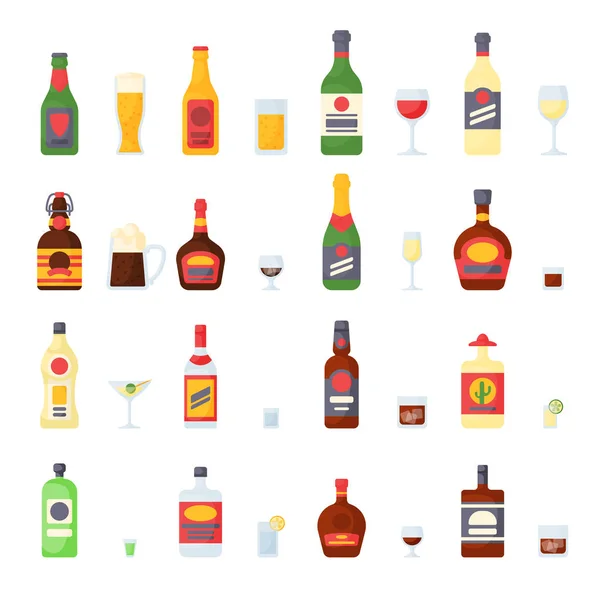 Bebidas alcohólicas en botellas copas de cóctel whisky coñac brandy cerveza champán vino vector colección — Vector de stock