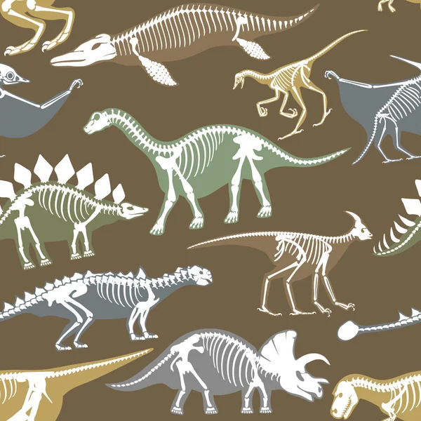Dinossauros esqueletos silhuetas osso tiranossauro pré-histórico animal dino osso vetor plana ilustração sem costura padrão — Vetor de Stock